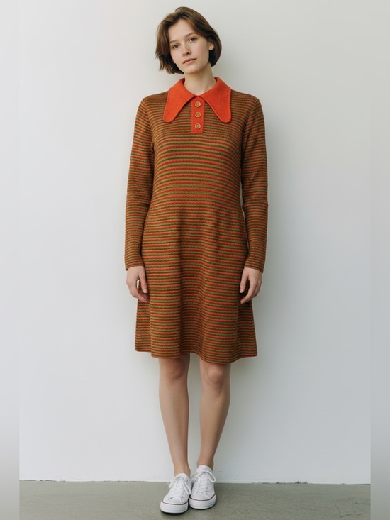 Vintage Dresses & Skirts - Vintage 1970s Butterfly Collar Striped A-Line Dress